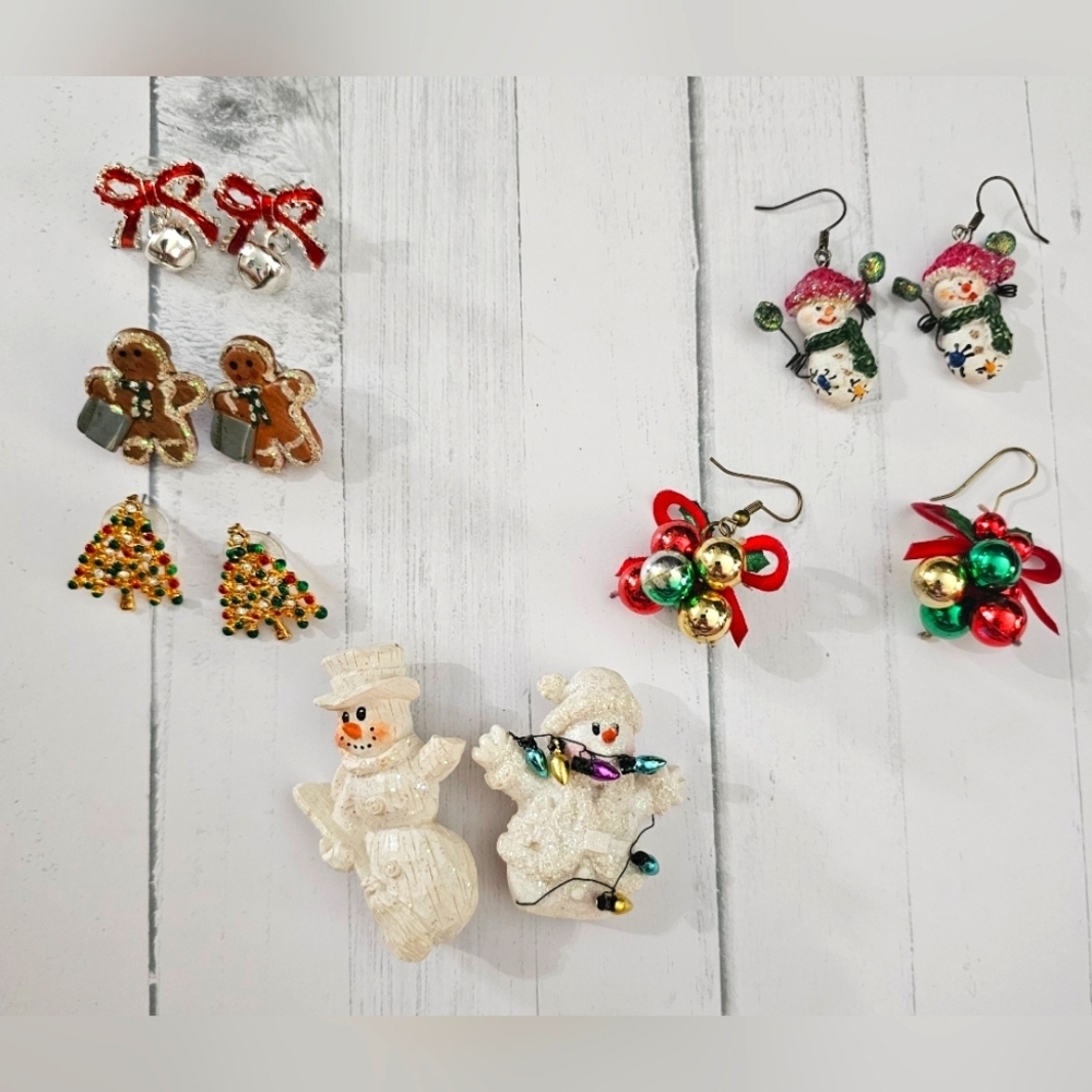 A Variety Festive Holiday Earrings And Brooch's 7 Pc. Set